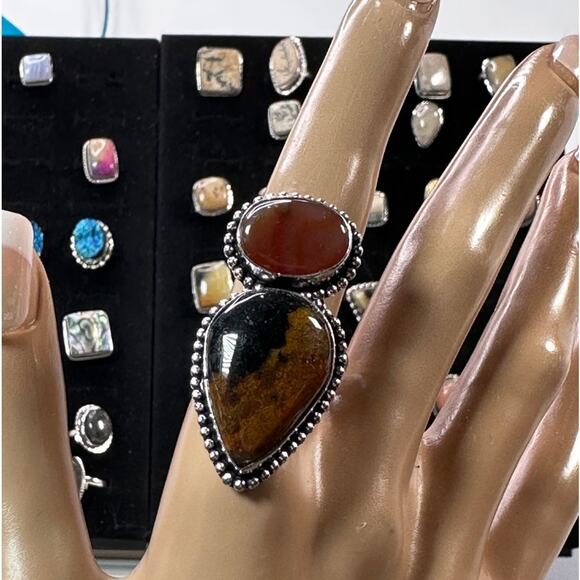 💕 Large Jasper and carnelian double gemstone silver plated ring size 9 - Picture 2 of 5